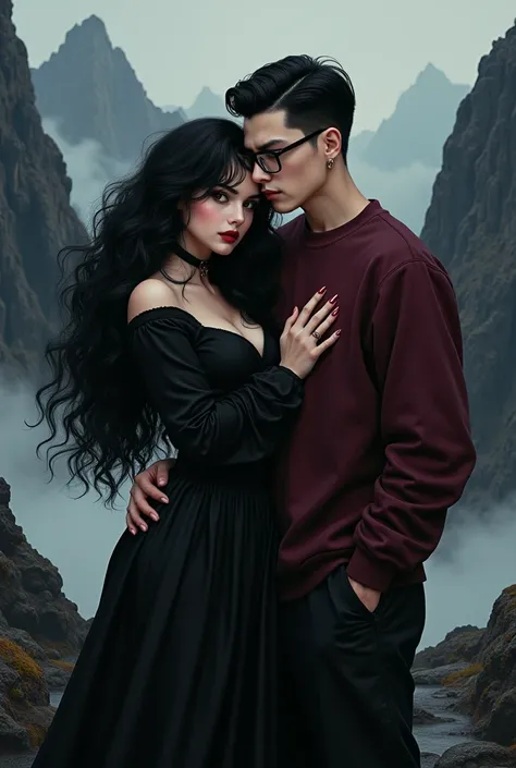 Couple, She is gothic with a curvy body, big cheeks, big butt, black hair and big brown eyes, clear skin, He has straight hair combed upwards and small rectangular glasses and a wide nose and a dark maroon sweatshirt and black pants.black mountains backgro...