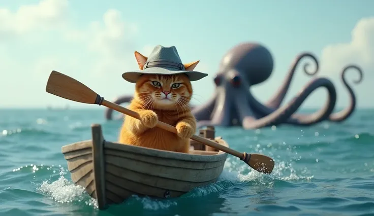 realistic photo of a big orange cat standing on a small wooden boat in the middle of the ocean wearing a gray fishing hat rowing the boat away, While the giant grey octopus is busy with the fish, The cat took the oar and quickly began to row his boat away ...