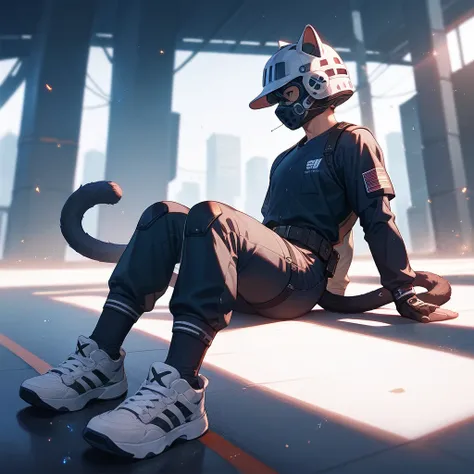 1male,muscular,cat ears,cat tail,full body,future helmet,mask,white Baseball uniforms,particles,wide angle lens,belt,Tactical equipment,side lying,profile,sneakers,socks,thick legs