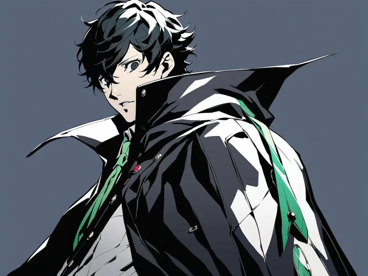 1man, male focus, black eyes, solo, black hair, simple background, looking at viewer, masterpiece, best quality, black cloak, gr...