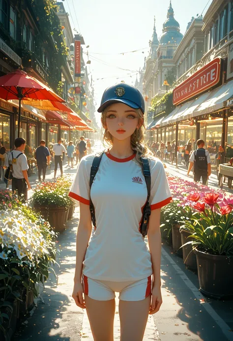 girl 20 years old, dressed in Sports Uniform, Walk in the park, Joy smiles, Красотка с Shineом и Четким Красивым Лицом, Sparrows Fly, Beautiful Path of Marble Slabs, Barriers, Various Road Signs, traffic light, there are cars, There are people passing by, ...