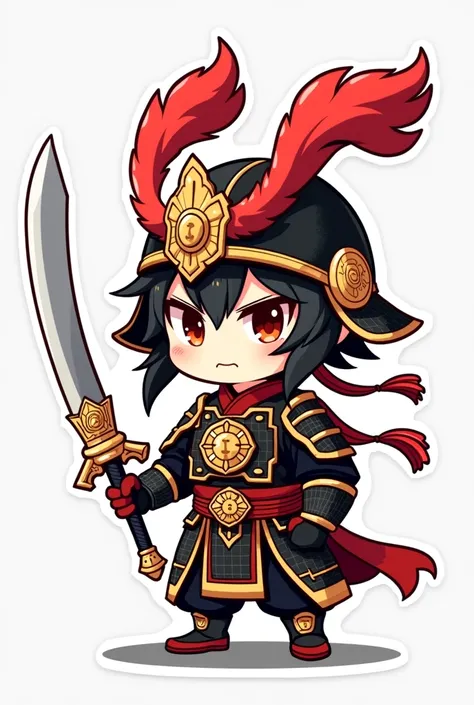 A chibi-style version of the legendary warrior Lữ Bố, dressed in his iconic black and gold armor with red accents, wielding the powerful Phượng Thiên Họa Kích. His armor helmet features two dramatic red plumes that flow backward, giving him a fierce and co...