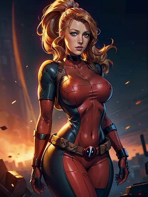 Blake Lively as Lady Deadpool, round breasts, detailed face, beautiful detailed eyes, beautiful detailed lips, extremely detailed face and skin, long eyelashes,hips, thighs , superhero costume, dynamic pose, cinematic lighting, vibrant colors, digital art,...