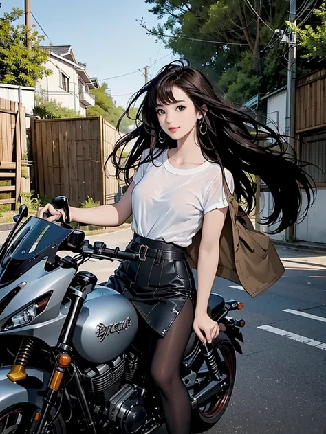 create an rpg-style scene where a beautiful young brown-eyed japanese woman is having a photoshoot while riding a sexy big size ...