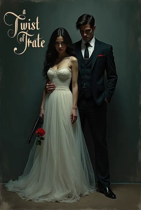 Create a cover for my book. the books name “A twist of fate” Make it dark woth a woman and a man portreit. like in dark romances about mafia and a pure girl make them more younger. the girl should be in a white pure dress. barely could see faces. make the ...