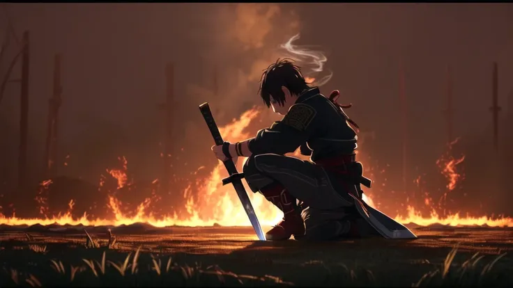 anime, a man kneeling in front of a fire with a sword, inspired by Kanō Hōgai, ghost of tsushima, badass anime 8 k, samurai warrior, inspired by Kanō Sanraku, detailed bushido form smoke, makoto sinkai, epic samurai warrrior, ronin, samurai style