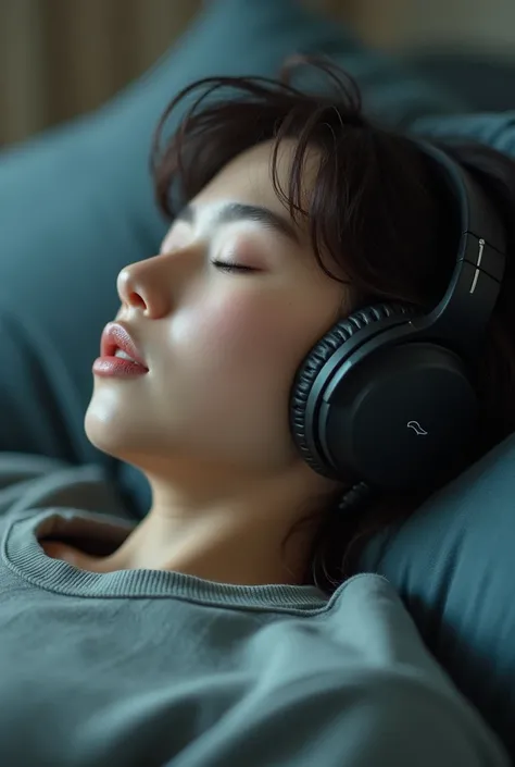 A  is listening something in headphones and sleeping a close up side view 