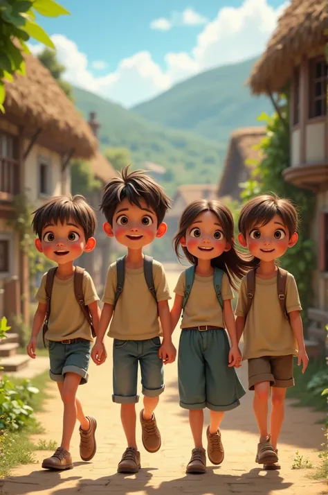 Four young friends, two boys and two girls, looking at each other with excitement and determination, ready to embark on an adventure. They are in simple village clothes, with smiles on their faces."