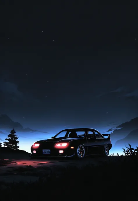 Rx 7 tunning black, challenger helcat black demon, Mazda 3 Sedan Dark Blue, in a night landscape with depressed scene