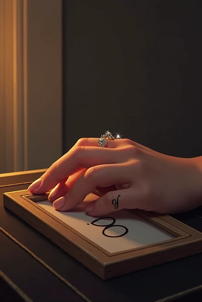 Create a romantic artwork for a R-style music single&B e Hip-Hop.
Art must contain a female hand, with a diamond ring.The female hand should also contain a tattoo of the letter D on the ring finger., The font for the letter D tattoo on the ring finger shou...