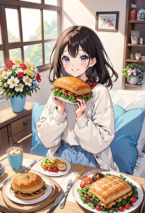 Dining table、thin、cute、One Woman、A big smile、Casual clothing、Stuffing one&#39;s face with cake、Black Hair, Big Breasts、