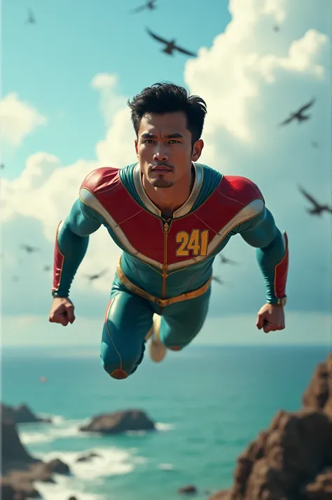 Superhero pria Indonesia, wearing a tight costume with a gold number 241 logo on the right chest, costume color combination color red, silver, cyan, white and gold, handsome and clean face, tubuh berotot, flying low above sea level, fly very low, sonic boo...