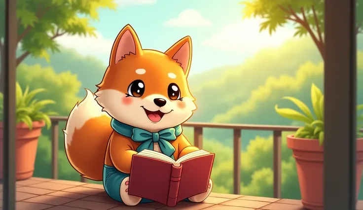 a cute mascot character, a Shiba Inuの赤ちゃん, ((カフェのTerrace seats))、((Reading a book)),landscape, Beautiful details, Beautiful lip detail, Very detailed顔と特徴, Long eyelashes, Whimsical, Playful, Adorable, Vibrant colors, Dynamic Composition, Dramatic lighting,...