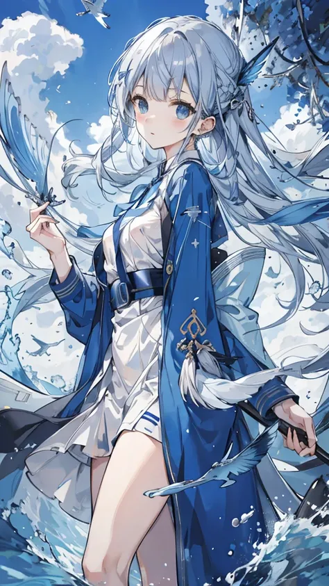 flying fish，Blue gray military uniform，[blue belt，silver hairpin，Long light blue hair