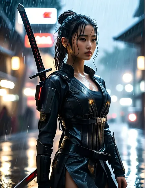 a beautiful young japanese girl in a cyberpunk ninja outfit, walking alone in the rain, holding a katana, several enemy figures lurking behind her in the heavy rain, rain drops on her clothing, hair and face, high-tech equipment with signs of wear, cinemat...