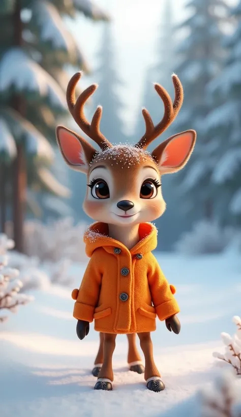 A extremely masterpiece 8k 3d animation image of a very beautiful and cute liitle dear wear very beautiful orange colour baby winter costume with a very beautiful winter orange forest background 