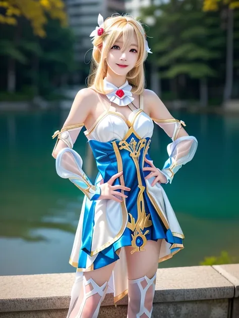 Photo-realistic quality、20 year old Japanese model posing in cosplay、Cosplayer wearing a white dress、Anime Cosplay、full-cosplay、Looking at the camera、Detailed and beautiful eyes、Cute smile、A soft and gentle look、The background is the lakeside、Blonde