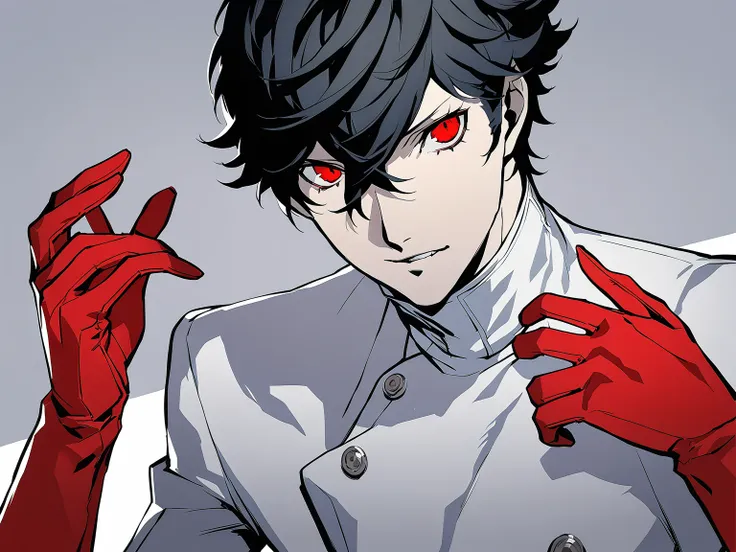 1man, male focus, red eyes, solo, black hair, red gloves, simple background, looking at viewer, masterpiece, best quality, perso...