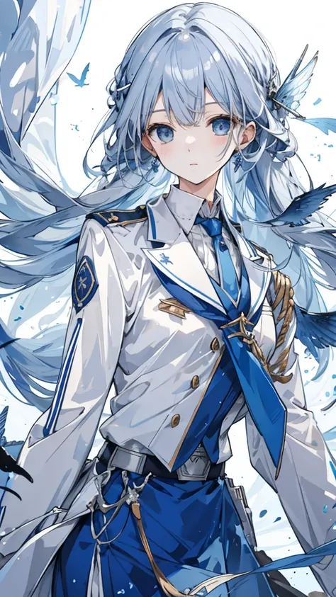 flying fish，Blue gray military uniform，[blue belt，silver hairpin，Long light blue hair