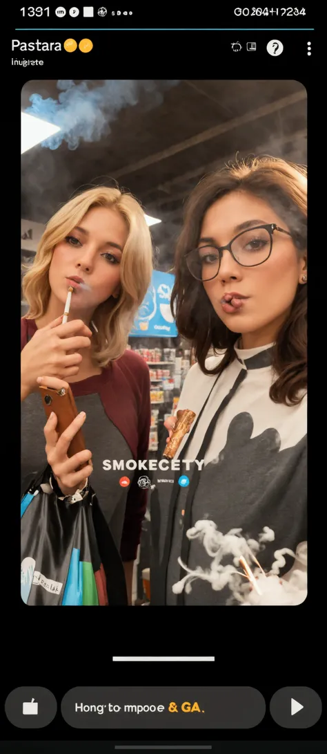 two women are taking a selfie in a store with a cell phone, they are smoking, # smokeweedeveryday, smoke :6, smokes, cgssociety, 🔞🤡, smoky, in front of smoke behind, instagram story, very smoky, with smoke, smoke and gas, smoke in the background, smoking a...