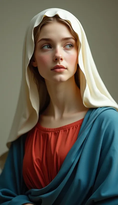 Portrait photography。Beautiful Virgin Mary。Red Tunic, Blue Coat, White Veil