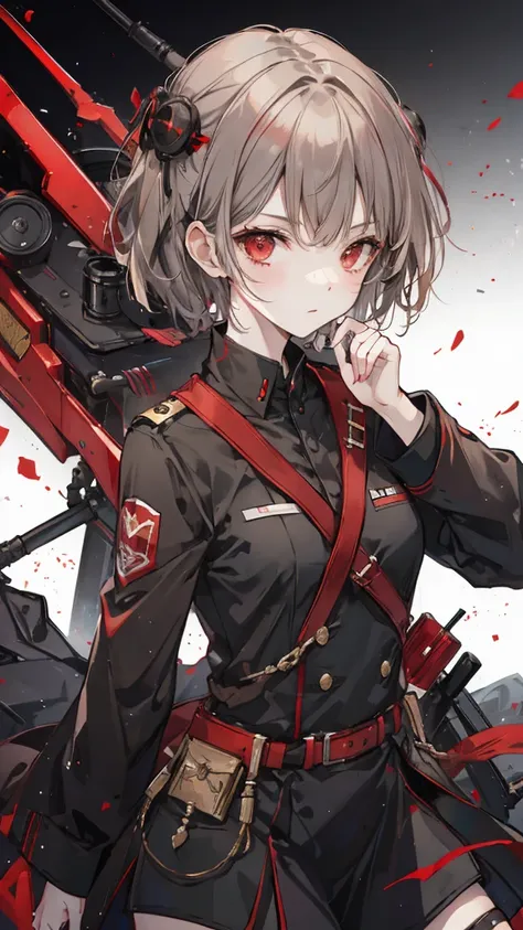 one, Brown gray short hair，red eyes，Black military uniform.