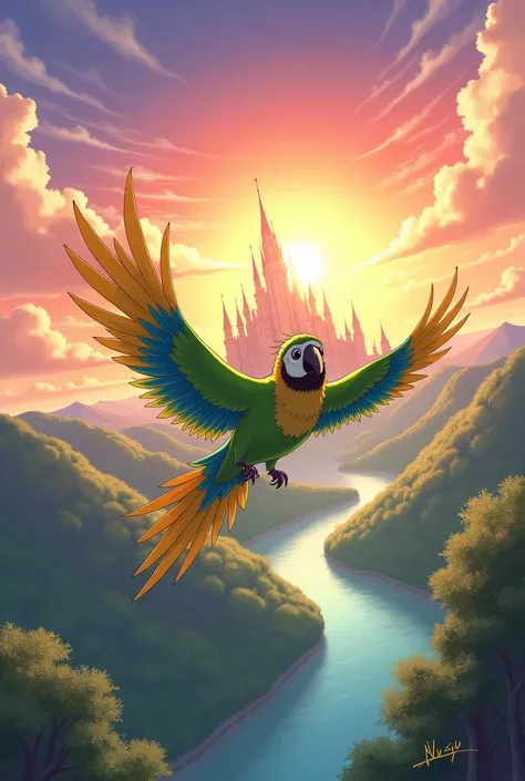 anime parrot flying towards kingdom
