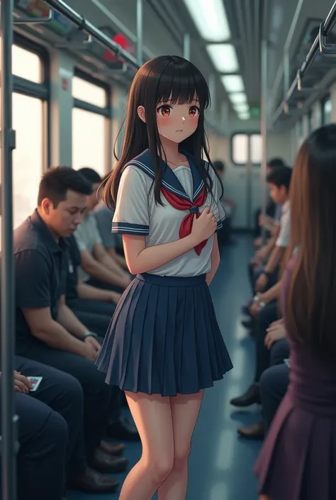 (molesting:1.5)、1  indian girl in、(Full body shot)、1male people、(Super beautiful)、(beauitful face:1.5)、she is crying、(high-school uniform:1.2)、(Inside a crowded train in Japan:1.5)、A man forcibly kisses her、(A man takes off his skirt:1.5)、(Man hugs her che...