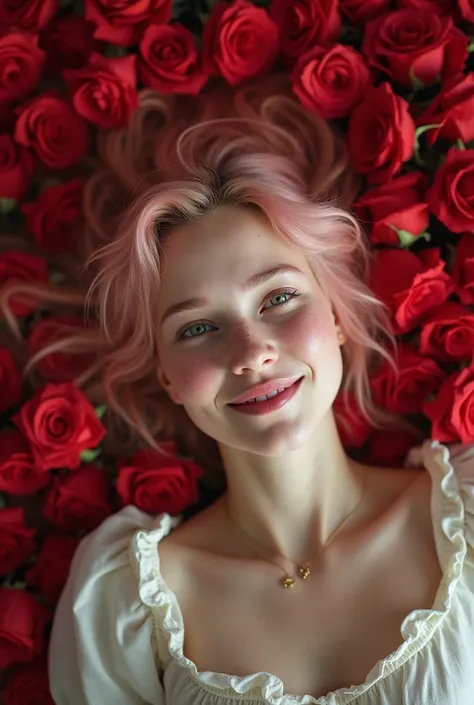 A young woman , with light pink hair , with freckles on the face , light skin , without any makeup , green eyes, full lips,nose fine ,  rosy cheeks , she is lying on a floor of roses , wearing a modern peasant outfit, she is smiling and crying with happine...