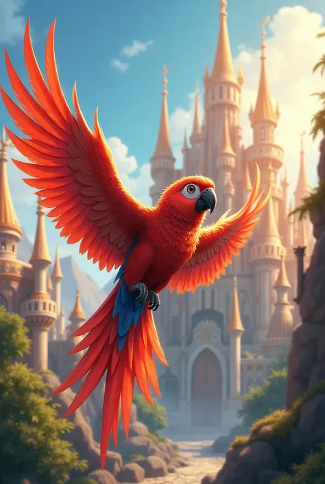 anime parrot flying towards kingdom facing away from us
