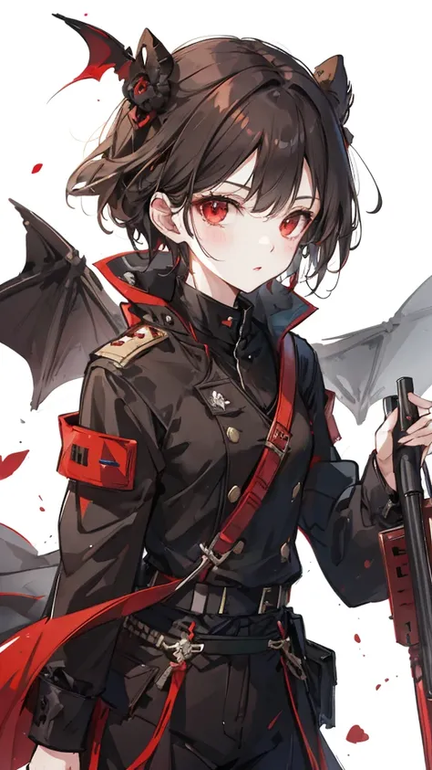 bat, Brown gray short hair，red eyes，Black military uniform.