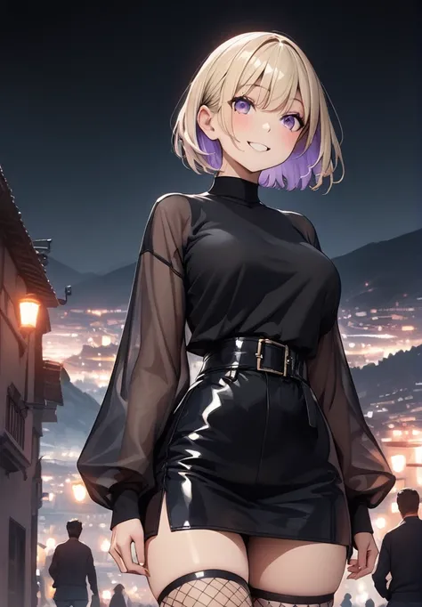 High resolution, High-resolution model, Ultra high definition, quality, quality, One girl, Shortcuts, Short Hair, Blonde, Blushing, smile, Simple Background, Rear view, Purple eyes, See-through clothing, Walking in the city at night, Light purple inner col...