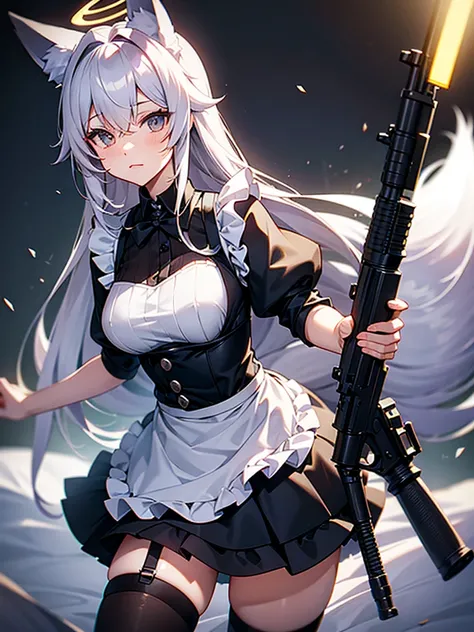 Fox ears，Fox Tail，maid，black stockings，halo，Bring an assault rifle