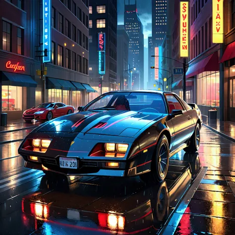 A sleek black 1984 firebird with red scrolling scanner, driving down a wet city street at night, reflecting the lights of the surrounding buildings and streetlights, (best quality,4k,8k,highres,masterpiece:1.2),ultra-detailed,(realistic,photorealistic,phot...