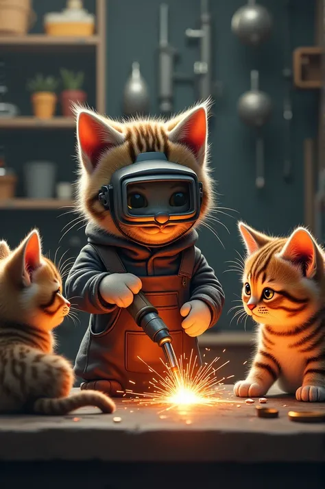 Cat is doing welding works with kittens