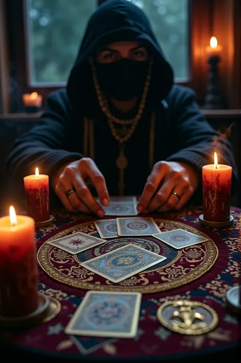 Tarot and Gypsy Card Game Table , with incense candles, quite mystical 