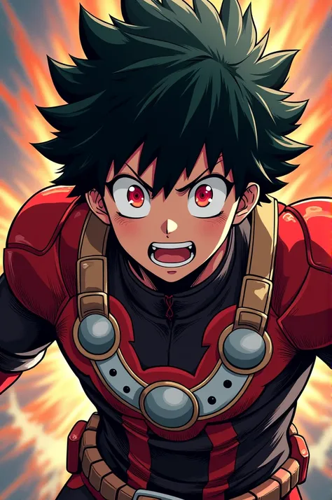 Boku no hero academia.
Comics panel of male. He has black with red dye highlight, red eyes. He is a hero, he wearing  UA hero costume.