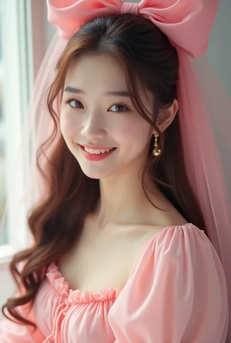 A korean model woman with long brown hair in big curls with big pink ribbon in her hair, wearing baby pink puff sleeves top, looking directly and smiling towards the camera, the background is ethereal