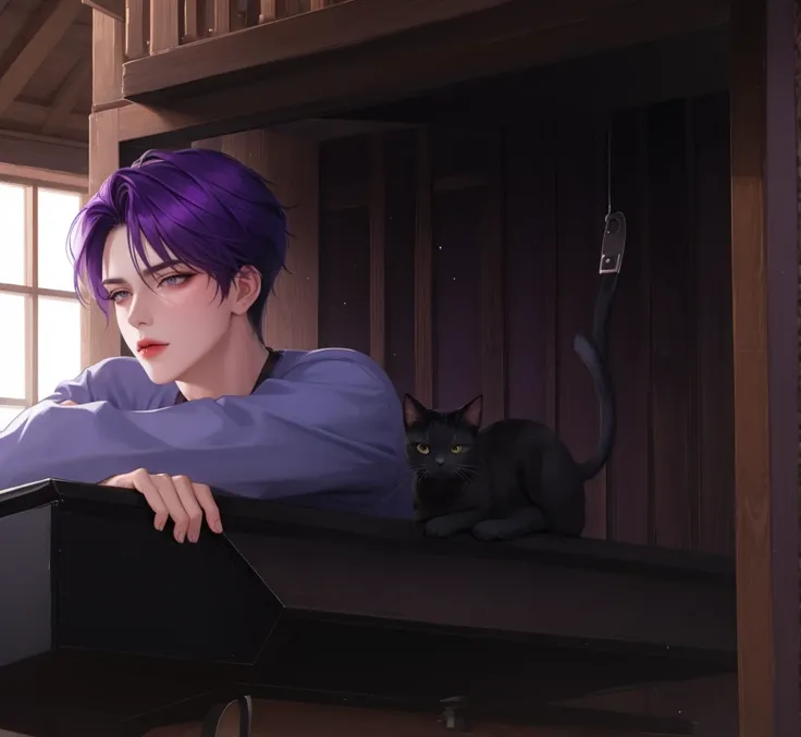 1boy, Handsome, Purple ,Hair, Good , morning 
Black, Eyes, Cat, House, 