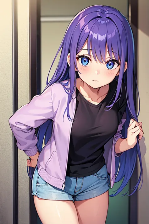 1 girl, blue eyes, purple hair, shy, wears casual clothes, 20 years old