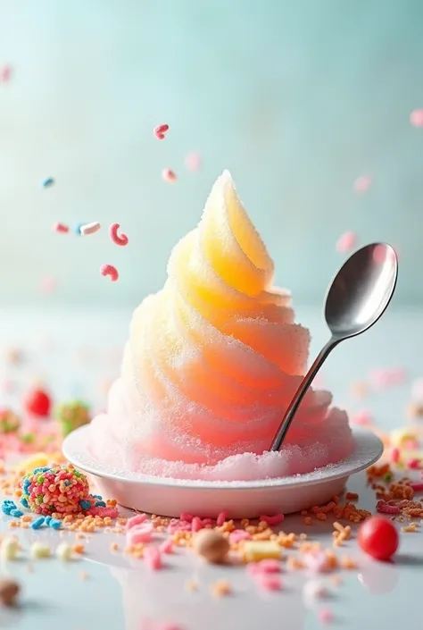 An instant shaved ice with its sweeteners and flavorings aside and a spoon