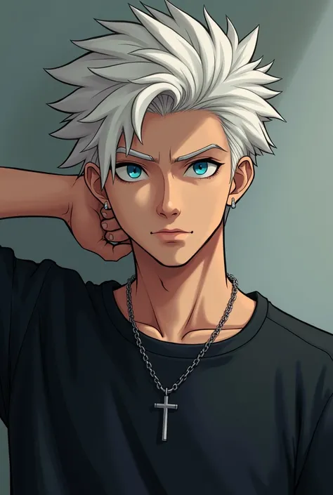 An image of a young student with white hair and a black sweatshirt with blue eyes. I want his face to be masculine with a simple necklace and an intense look and he looks cold and serious but he looks a little serious and unguarded and looks masculine in a...