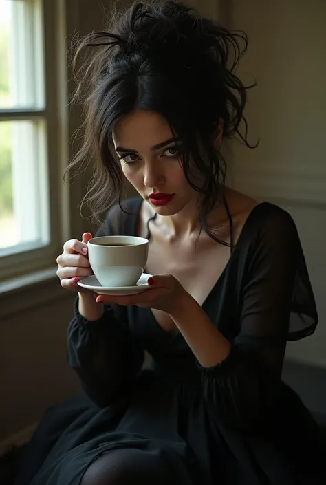 a dark-haired beautiful woman with wild bedhead hair, wearing a long black dress, drinking coffee, demonic expression, early morning light, dramatic shadows, cinematic atmosphere, intricate details, masterpiece, 8k, high quality, photorealistic, chiaroscur...