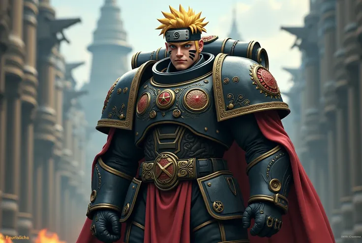 A warhammer 40k space marine in iconic gothic armor, styled after Naruto, include naruto headband as well as facial paint and symbols
