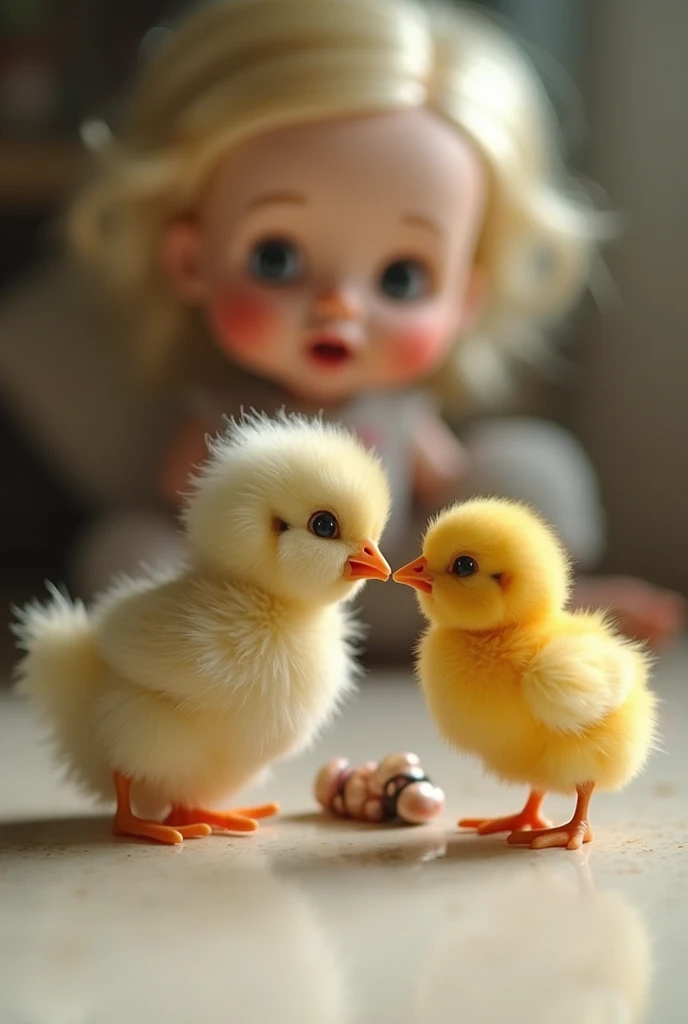 A girl doll and a chick, take an embarrassing photo together 