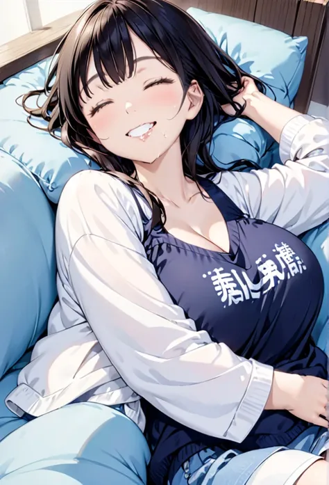 Nap on the sofa、thin、cute、One Woman、A big smile、Casual clothing、Asleep、Black Hair, Big Breasts、Saliva、