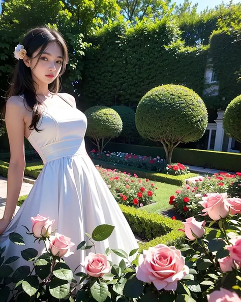 ((The large, empty garden of a mansion, Roses are blooming)), (Alone), Very detailed, (beautiful girl:1.3, Baby Face:1.5, Idol&#39;s face), (Beautiful Face, (Cute small face:1.3, Beautiful Eyes, Thin eyebrows, (Big eyes:1.2), Nose is too small, Seductive l...