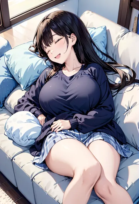 Nap on the sofa、thin、cute、One Woman、A big smile、Casual clothing、Asleep、Black Hair, Big Breasts、Saliva、