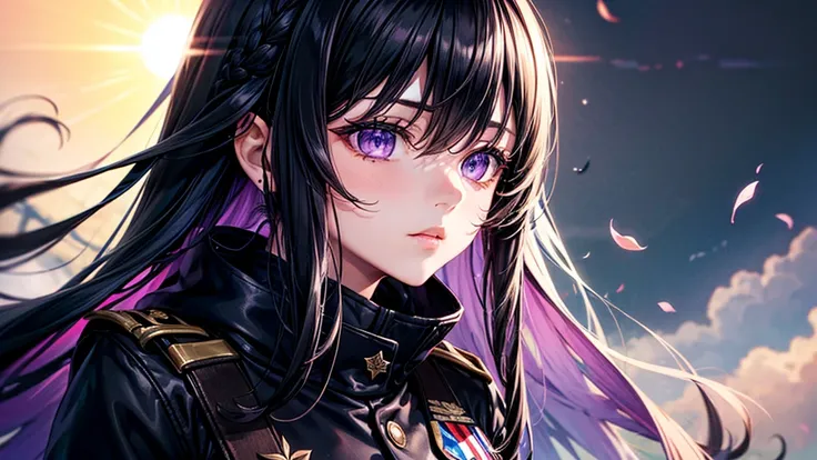 (gloomy)(female)(black Military uniform)(black long hair)(Purple Eyes)(Give up)(Declining sun)
