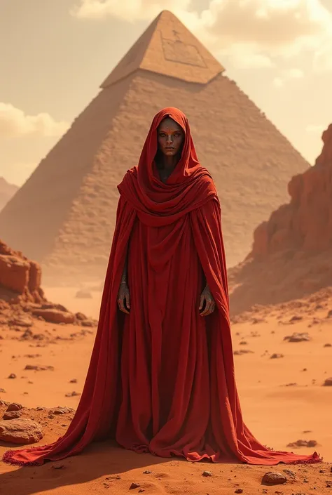 Ancient Pyramids with tall Martian in red robe looking at the camera on Martian desert facing the camera close up 